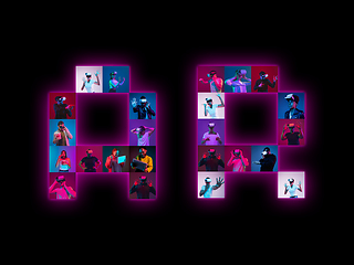 Image showing Collage of portraits of young people on multicolored background in neon light making AR lettering