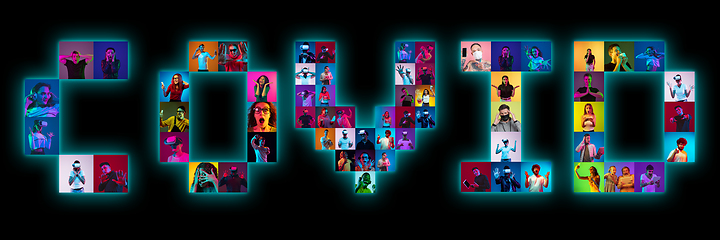 Image showing Collage of portraits of young people on multicolored background in neon light making COVID lettering
