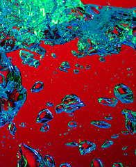 Image showing Close up view of the cold and fresh cola with bright bubbles in neon light