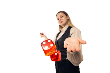 Image showing Poker girl. Young woman, croupier isolated on white background. Highly tensioned, wide angle, fish eye view