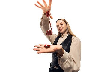 Image showing Poker girl. Young woman, croupier isolated on white background. Highly tensioned, wide angle, fish eye view