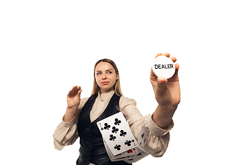 Image showing Poker girl. Young woman, croupier isolated on white background. Highly tensioned, wide angle, fish eye view