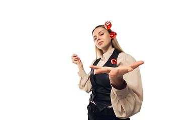 Image showing Poker girl. Young woman, croupier isolated on white background. Highly tensioned, wide angle, fish eye view