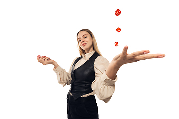 Image showing Poker girl. Young woman, croupier isolated on white background. Highly tensioned, wide angle, fish eye view