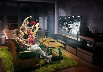 Image showing Group of friends watching martial arts, sport together