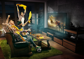 Image showing Group of friends watching TV, american football match, sport together