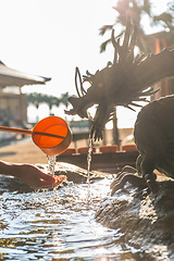 Image showing Bamboo water fountain with dragon statue under sunlight