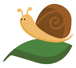 Image showing A cute little cartoon brown snail crawling on a dark green leaf 
