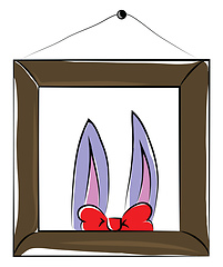 Image showing A photo frame hanged in wall showcasing two bunny ears and a red