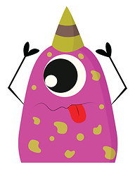 Image showing Pink and yellow one-eyed party monster with a party hat and toun