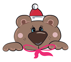 Image showing Grizzly bear with red ribbon & cap vector or color illustration