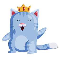Image showing Light blue cat with a golden crown smiling and wavingvector illu