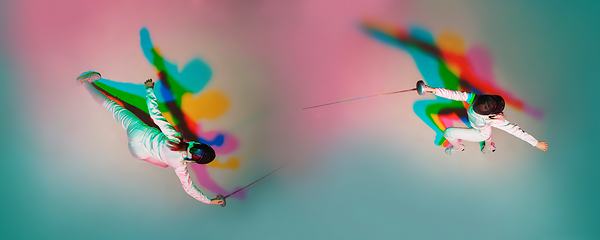 Image showing Teen girl in fencing costume with sword in hand on gradient background with neon light, top view