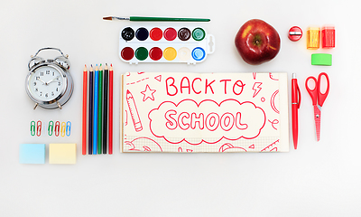 Image showing Colorful school supplies corner border over a white background with words Back to school