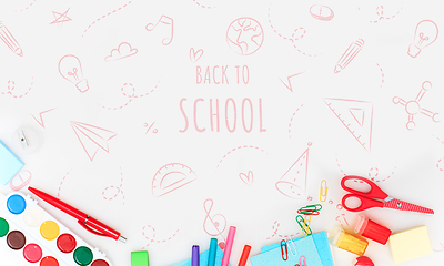 Image showing Colorful school supplies corner border over a white background with words Back to school