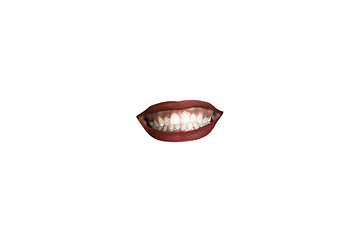 Image showing Close-up view of female mouth wearing red lipstick isolated on white studio background