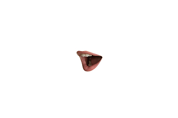 Image showing Close-up view of female mouth wearing lipstick isolated on white studio background