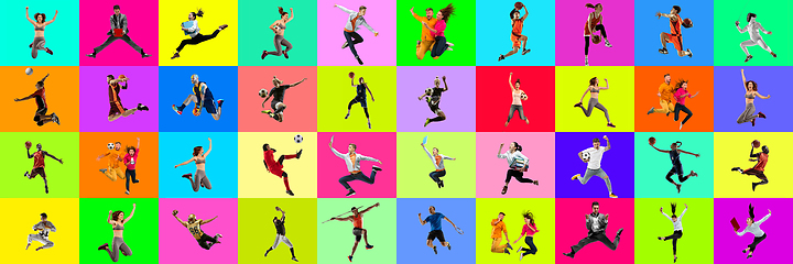Image showing Collage of portraits of young jumping people on multicolored background in motion and action