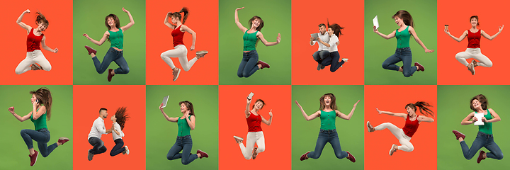 Image showing Collage of portraits of young jumping people on multicolored background in motion and action