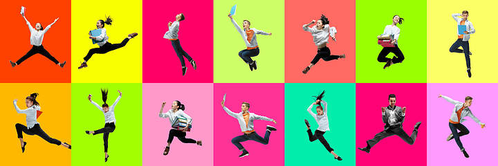 Image showing Collage of portraits of young jumping people on multicolored background in motion and action