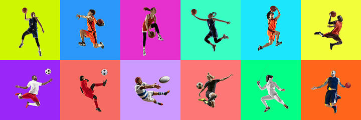 Image showing Collage of portraits of young jumping people on multicolored background in motion and action