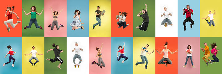 Image showing Collage of portraits of young jumping people on multicolored background in motion and action