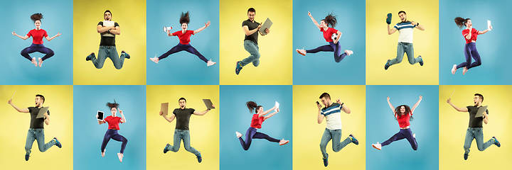 Image showing Collage of portraits of young jumping people on multicolored background in motion and action