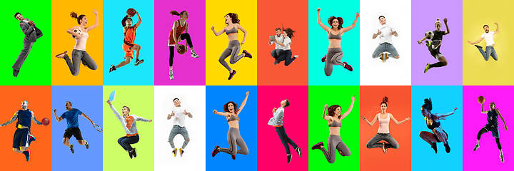 Image showing Collage of portraits of young jumping people on multicolored background in motion and action