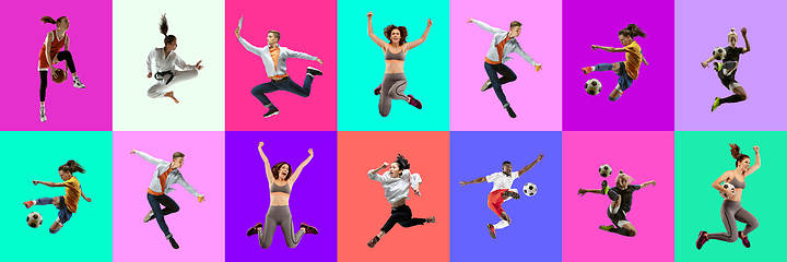 Image showing Collage of portraits of young jumping people on multicolored background in motion and action