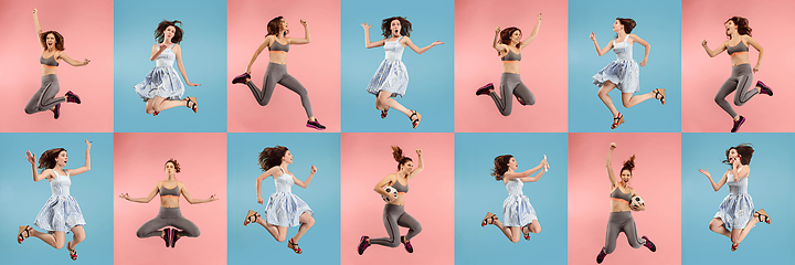Image showing Collage of portraits of young jumping woman on multicolored background in motion and action