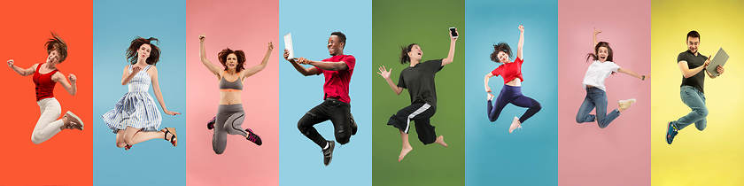 Image showing Collage of portraits of young jumping people on multicolored background in motion and action