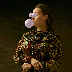 Image showing Medieval young woman as a duchess, surreal look with mouth instead eyes