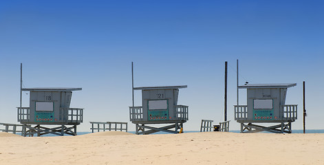 Image showing Three lifeguard shacks on Venice Beach, California