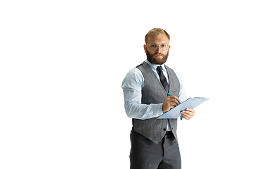 Image showing Cheerful handsome businessman isolated over white studio background