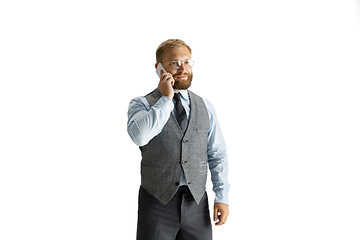 Image showing Cheerful handsome businessman isolated over white studio background