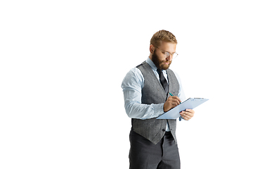 Image showing Cheerful handsome businessman isolated over white studio background