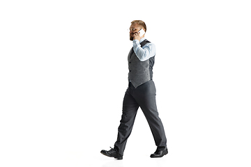 Image showing Cheerful handsome businessman isolated over white studio background