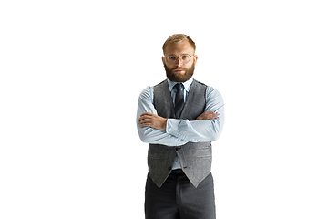 Image showing Cheerful handsome businessman isolated over white studio background