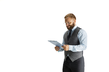 Image showing Cheerful handsome businessman isolated over white studio background