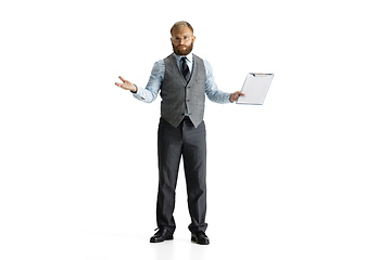 Image showing Cheerful handsome businessman isolated over white studio background