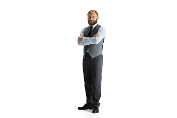 Image showing Cheerful handsome businessman isolated over white studio background