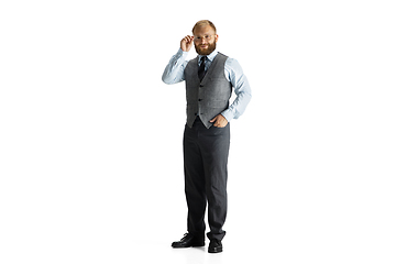 Image showing Cheerful handsome businessman isolated over white studio background