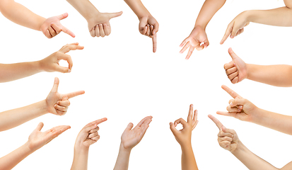 Image showing Kids hands gesturing isolated on white studio background, copyspace for ad