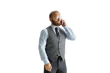 Image showing Cheerful handsome businessman isolated over white studio background