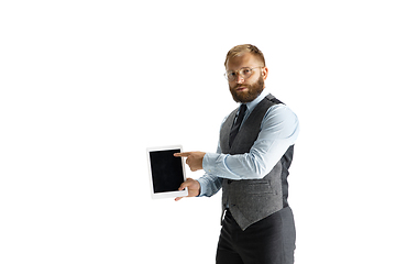 Image showing Cheerful handsome businessman isolated over white studio background