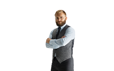 Image showing Cheerful handsome businessman isolated over white studio background