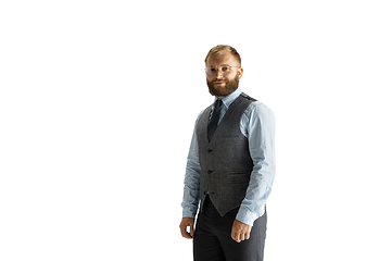 Image showing Cheerful handsome businessman isolated over white studio background