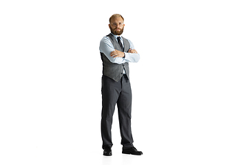 Image showing Cheerful handsome businessman isolated over white studio background