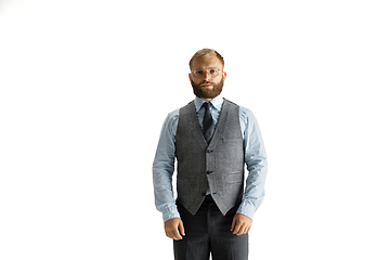 Image showing Cheerful handsome businessman isolated over white studio background