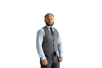 Image showing Cheerful handsome businessman isolated over white studio background